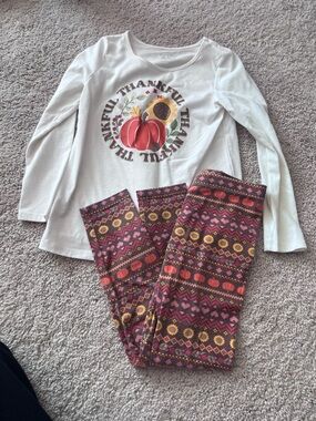 Thankful Pumpkin Graphic Top & Patterned Leggings Set - White & Autumn Print
